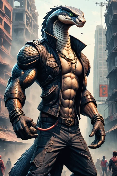 Detailed digital illustration of an anthro Cobra (Dancing with carefree abandon) at a Dystopian cityscape with massive pollution, <lora:xl_more_art-full_v1:0.5>, <lora:anthro_muscular:0.7> , <lora:madpunk:0.4> madpunk