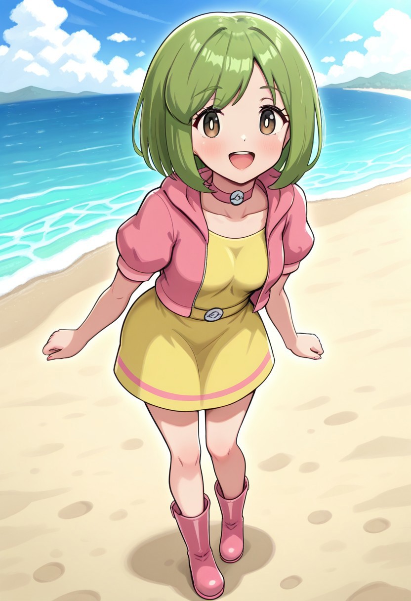 hinosaki, [[pokemoa, gonzarez]], 2d, masterpiece, best quality, amazing quality, 1girl, solo, close-up, standing, open mouth, full body, smile, looking at viewer, colorful background,walking, day, beach, sand, sea, sky, clouds, sunny day, leaning forward, masterpiece, best quality, amazing quality, highres, absurdres, newest, parasolbdsp, green hair, short hair, bangs, brown eyes, white pupils, choker,  yellow dress, pink jacket, open jacket, puffy short sleeves, rubber boots, pink footwear