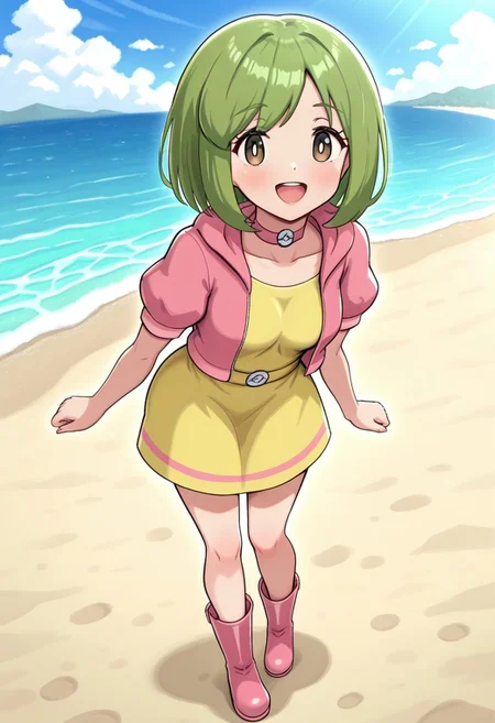 hinosaki, [[pokemoa, gonzarez]], 2d, masterpiece, best quality, amazing quality, 1girl, solo, close-up, standing, open mouth, full body, smile, looking at viewer, colorful background,walking, day, beach, sand, sea, sky, clouds, sunny day, leaning forward, masterpiece, best quality, amazing quality, highres, absurdres, newest, parasolbdsp, green hair, short hair, bangs, brown eyes, white pupils, choker,  yellow dress, pink jacket, open jacket, puffy short sleeves, rubber boots, pink footwear