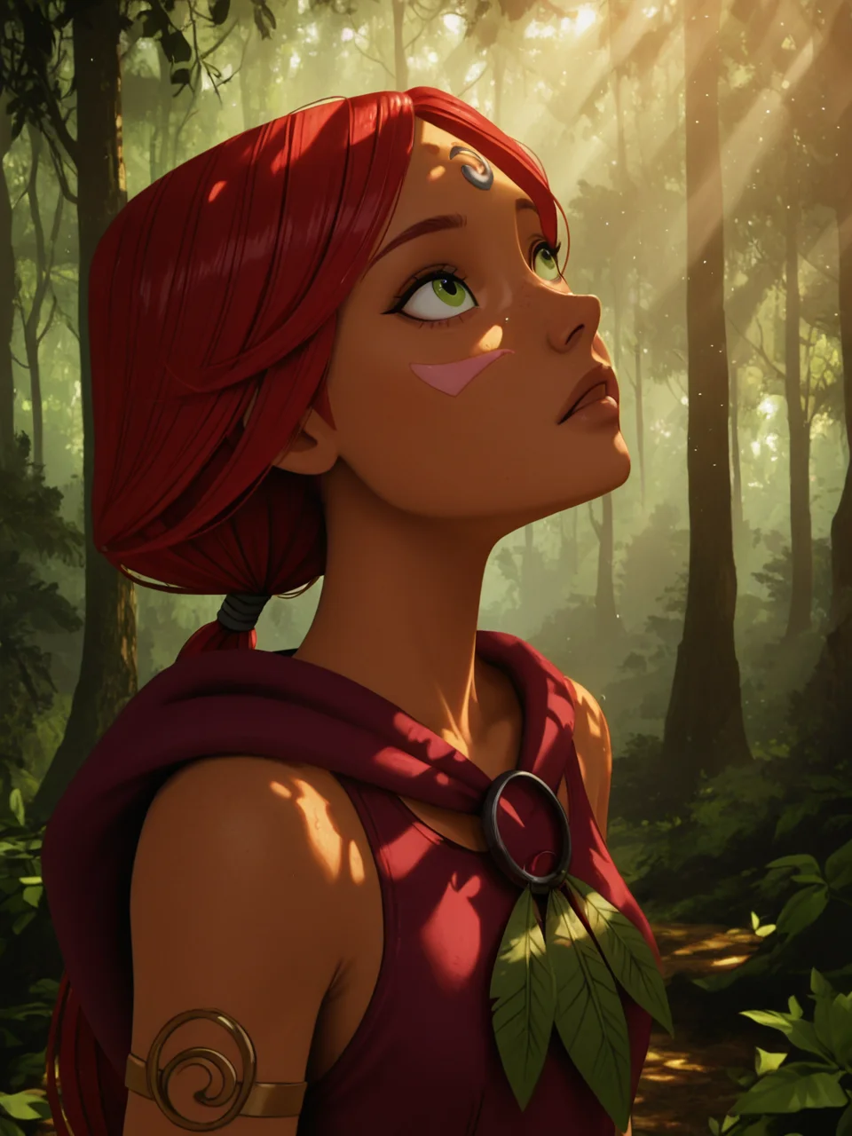 (masterpiece,best quality,newest,absurdres,highres), 4nn4Ma4t, Poststyl, realistic, 1girl, solo, long hair, green eyes, red hair, dark-skinned female, low ponytail, red dress, outdoors, tree, leaf, sunlight, nature, light particles, forest, light rays, light, sunbeam, dappled sunlight, looking up, light shining on face, upper body, <lora:Anna_Maht_IllustriousXL:0.9><lora:Own_style_IllustriousXL:0.7>