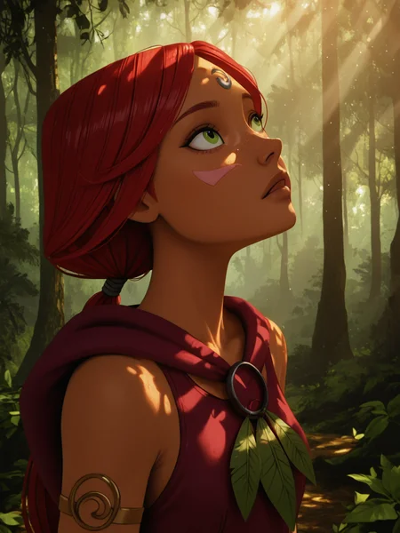 (masterpiece,best quality,newest,absurdres,highres), 4nn4Ma4t, Poststyl, realistic, 1girl, solo, long hair, green eyes, red hair, dark-skinned female, low ponytail, red dress, outdoors, tree, leaf, sunlight, nature, light particles, forest, light rays, light, sunbeam, dappled sunlight, looking up, light shining on face, upper body,  <lora:Anna_Maht_IllustriousXL:0.9><lora:Own_style_IllustriousXL:0.7>