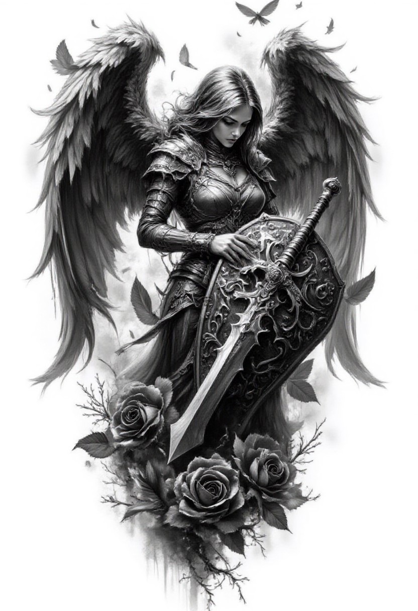 Pencil drawing, black and white, pencil strokes, 
A black and white pencil sketch style, line art drawing dark, A black and white pencil sketch style,  
 Monochrome, a tattoo design with a winged angel holding a sword, she is the queen of black roses, It covers itself with its wings, wings are folded, render, beautiful depiction, huge oversized sword, bowed his head, dark ominous mood, angel in plastic armor, intricately proportional, fantasy shield, very very very beautiful art, broken roses , Digital Artwork