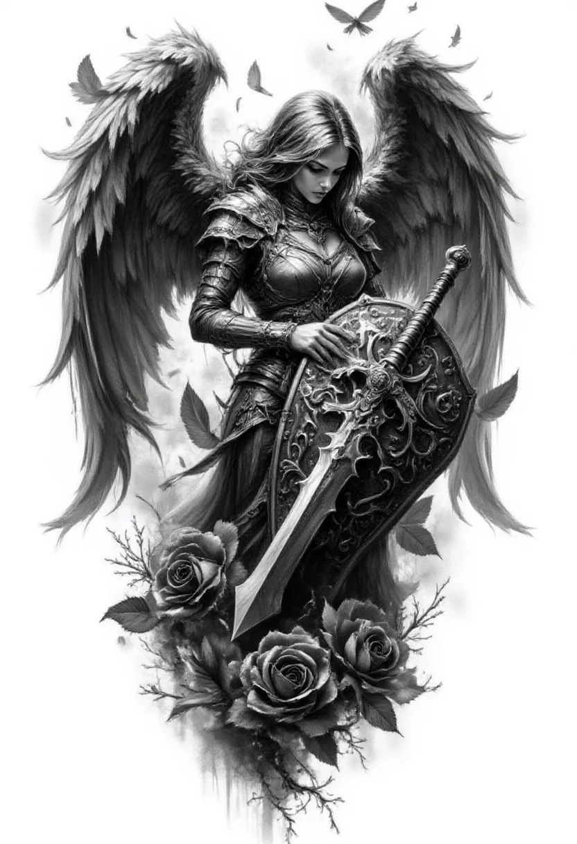 Pencil drawing, black and white, pencil strokes,
A black and white pencil sketch style, line art drawing dark, A black and white pencil sketch style,
Monochrome, a tattoo design with a winged angel holding a sword, she is the queen of black roses, It covers itself with its wings, wings are folded, render, beautiful depiction, huge oversized sword, bowed his head, dark ominous mood, angel in plastic armor, intricately proportional, fantasy shield, very very very beautiful art, broken roses , Digital Artwork