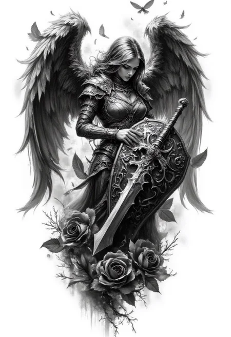 Pencil drawing, black and white, pencil strokes, 
A black and white pencil sketch style, line art drawing dark, A black and white pencil sketch style,  
 Monochrome, a tattoo design with a winged angel holding a sword, she is the queen of black roses, It covers itself with its wings, wings are folded, render, beautiful depiction, huge oversized sword, bowed his head, dark ominous mood, angel in plastic armor, intricately proportional, fantasy shield, very very very beautiful art, broken roses , Digital Artwork