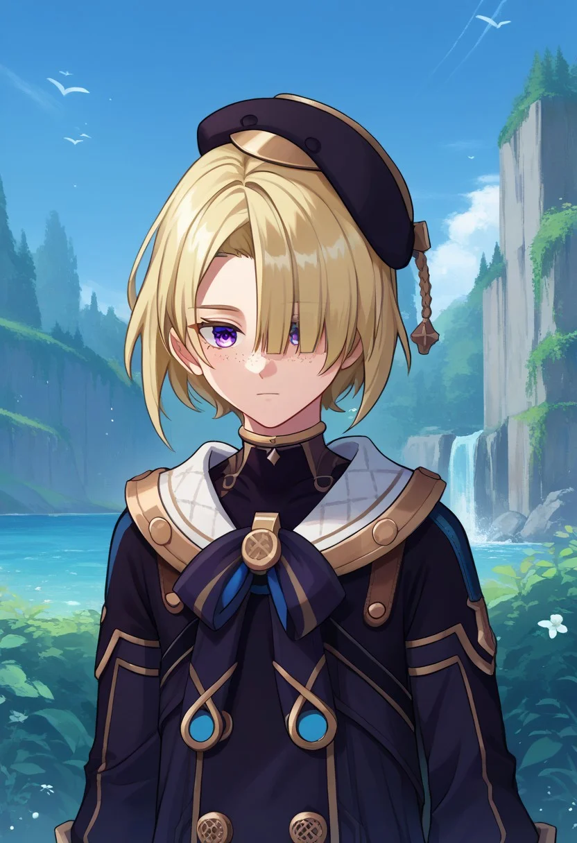 score_9, score_7_up, source_anime
freminet, 1boy, male focus, solo, purple eyes, blonde hair, hair over one eye, freckles, hat, beret, black headwear, diving suit, jacket, blue jacket, long sleeves, buttons, bow, blue bow,
outdoor, upper body,