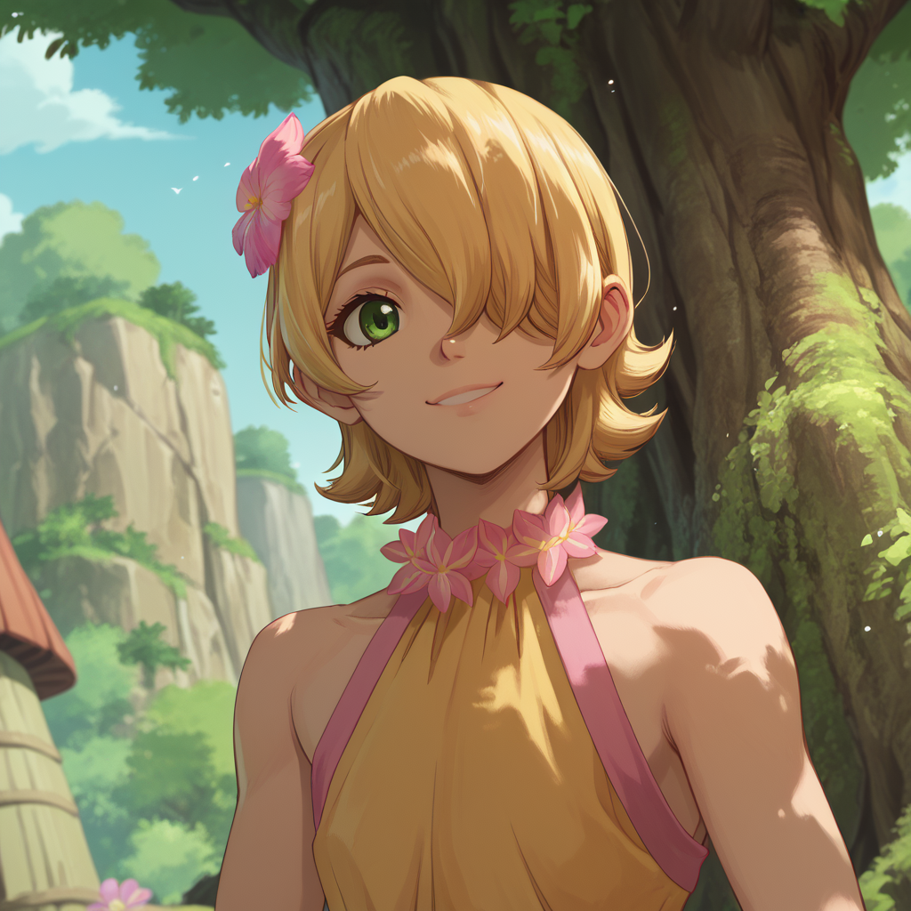 <lora:SlimesFemGinro:1>, score_9, score_8_up, score_7_up, slimes_femginro, solo, smiling, hair over one eye, green eyes, blonde hair, flower in hair, treehouse background