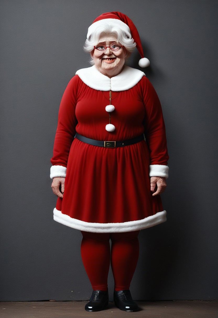 <lora:dark:0.4> <lora:add-detail-xl:0.8> <lora:zy_Detailed_Backgrounds_v1:1> <lora:Poinsettia_Pony:0.4> <lora:shinylegwear-v2:1>, mclaus, white hair, old women, red christmas dress, human, solo,
