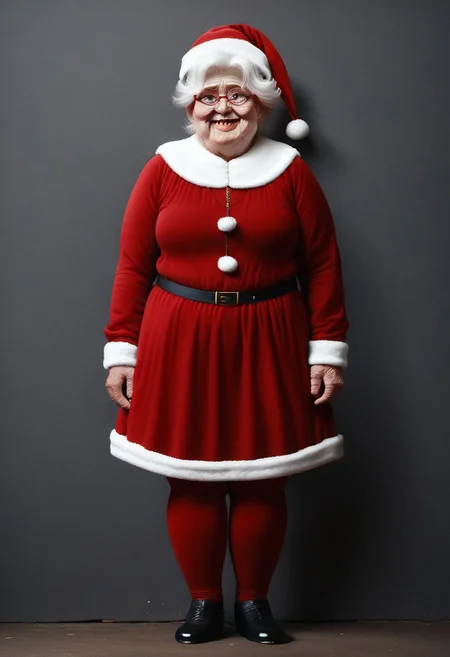 <lora:dark:0.4> <lora:add-detail-xl:0.8> <lora:zy_Detailed_Backgrounds_v1:1> <lora:Poinsettia_Pony:0.4> <lora:shinylegwear-v2:1>, mclaus, white hair, old women, red christmas dress, human, solo,