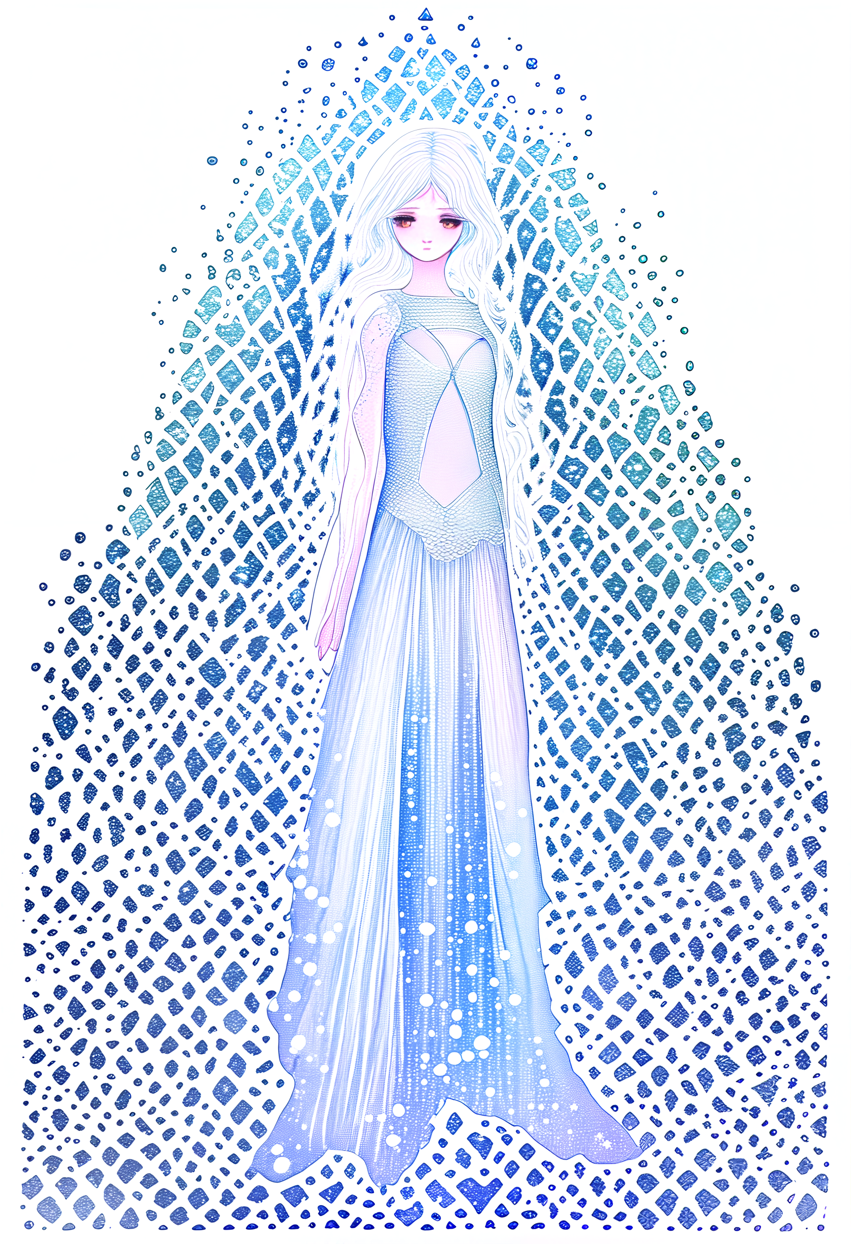 Pointillist style with small, distinct dots of color that blend together to form an image, 1 girl, solo, (watercolor texture), soft color, illustration anime, waved long hair, white armor, ice theme, tiara made of ice, white hair, ice palace, ic34rmor, simple black background, ice crystals, rainbow ice, small dots, distinct, blend together, dotted, intricate, optical illusion, vibrant, detailed