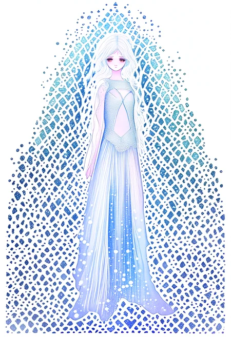 Pointillist style with small, distinct dots of color that blend together to form an image, 1 girl, solo, (watercolor texture), soft color, illustration anime, waved long hair, white armor, ice theme, tiara made of ice, white hair, ice palace, ic34rmor, simple black background, ice crystals, rainbow ice, small dots, distinct, blend together, dotted, intricate, optical illusion, vibrant, detailed