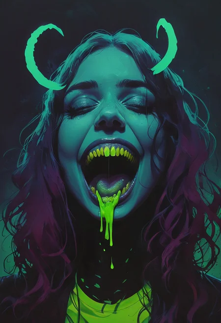 a woman resembling venom, Open mouth, tongue, shadow veiling her eyes, Long Hair, Horns, blushed smiling, Excited, Venom by Conrad Roset, pop art, pop surrealism, dark color graded, very detailed 3d effect, deep image visualisation, extreme depth of field, create a pop-art hyperpunk scene with desaturated dark yellow and neon-green details, colorful (polaroid:0.7) with vibrant colors, (vacations, high resolution:1.3), (small, selective focus, european film:1.2), (sexual advance:1.5), closeup