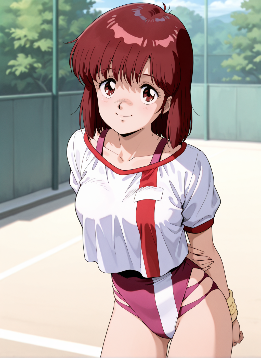 High quality,Ultra detailed,best quality,insanely detailed,beautiful,masterpiece,absurdres,very aesthetic,sensitive BREAK
<lora:takaya_noriko_V1_NOOB:1>,(takaya noriko, top wo nerae, red hair, short hair, brown eyes, 1980s \(style\), retro artstyle),(pink leotard,gym uniform,white shirt,collarbone,wristband,leotard under clothes),1girl,solo,posing,outdoors,standing,arms behind back,smile,
