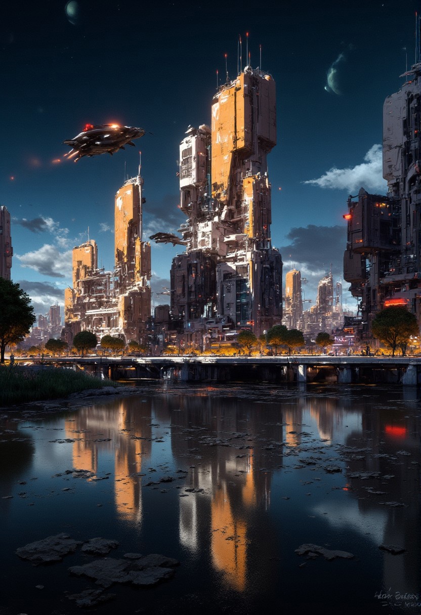 abstract oil painting, gradient vibrant neon colour, rough, textural, broad brush strokes, a sleek spy plane flies over a futuristic sci-fi city with tall, perfectly reflected in a tranquil, still lake, at night, surreal colours, detailed night sky with stars and nebulas, mythp0rt