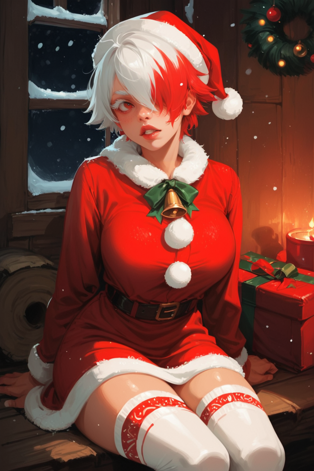 1girl, large breasts, white thighhighs, , red eyes,  christmas, white fur trim,  g  santa costume,  santa dress,  indoors,  fur-trimmed headwear,  parted lips, lace trim, teeth, night, log cabin, red hair,  white hair, white tips, , two-tone hair, very short hair, bob, tomboy, window,  snowing ,hair over one eye, white eyelashes, colored eyelashes,, zPDXL3, detailxl,  Score_PnyReal, (lineless:1.5)