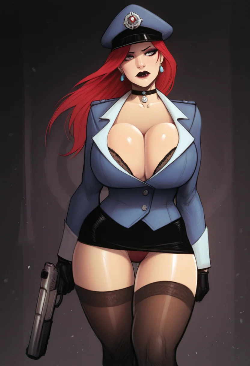 masterpiece, best quality, S4s4k1Nsfw,<lora:NaughtydevilHs:1> 1girl, solo, weapon, underwear, breasts, cleavage, thighhighs, hat, red hair, panties, skirt, choker, long hair, jewelry, large breasts, makeup, earrings, huge breasts