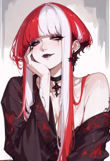 artist:moriimee, sketch,
woman, (mature), upper body, fair skin,
off shoulder top, hand on own cheek,
pixie haircut, very long bangs, very long sidelocks,
two-tone hair, red hair, white hair,
dark makeup, half open eyes, light smirk,
posing, modeling, (three-quarter view), (low angle:0.5),
(shadow:0.2), 2010, choker, dangling earrings,