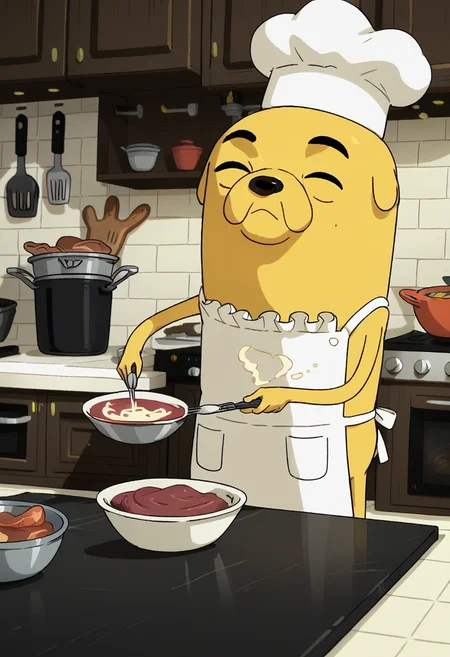 score_9, score_8_up, score_8, <lora:Jake_the_DogCake_the_Cat_Adventure_Time_for_PonyXL:0.8> 1boy, j4ke, dog boy, white eyes, black sclera, in kitchen, apron, cooking, chef hat, eyes closed,