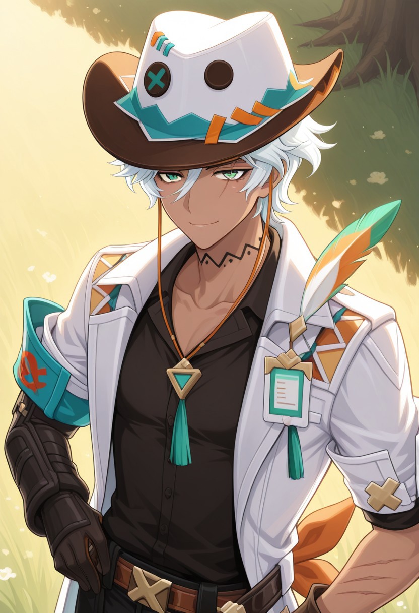 masterpiece,best quality,amazing quality, source_anime,
ifagimpa, 1boy, male focus, solo, dark skin, dark-skinned male, green eyes, white hair, hat, cowboy hat, white headwear, neck tattoo, collarbone, shirt, black shirt, coat, white coat, short sleeves, open coat, scar on arm,  gloves,smile, outdoor,