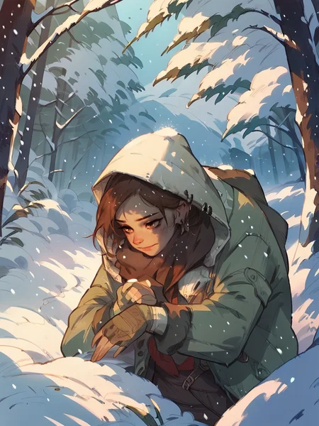 score_9, score_8_up, score_7_up, score_6_up, score_5_up, <lora:snowXLP:1> 1girl, snow, fingerless gloves, gloves, hood, tree, animal, winter, solo, snowing, earrings, brown hair, coat