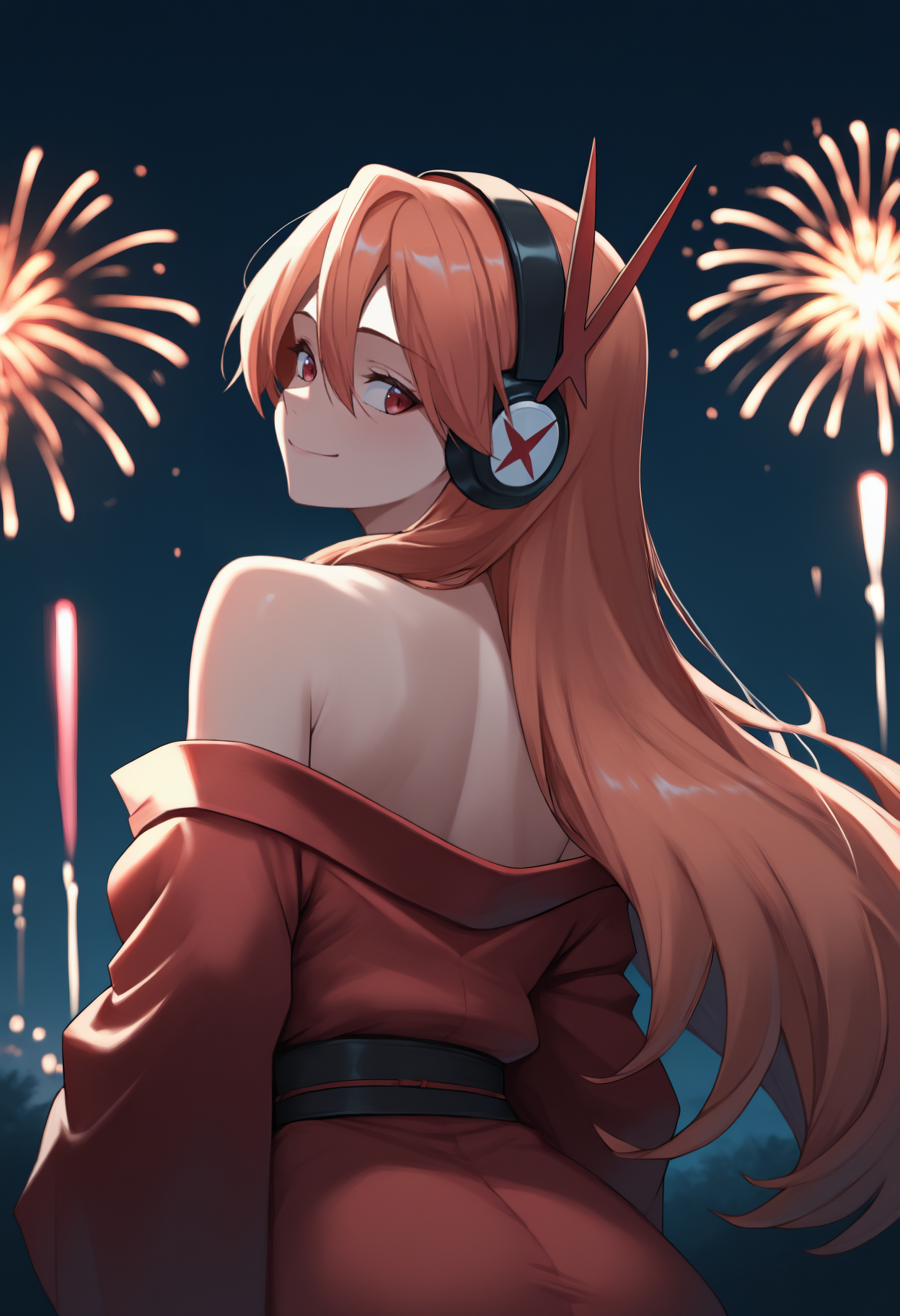 anime, masterpiece, best quality, newest, from behind, solo, 1girl, ch3lsea, smile, looking back, long hair, orange hair, hair between eyes, headphones, red eyes, japanese clothes, red kimono, off shoulder, bare shoulders, outdoors, night, fireworks
<segment:yolo-face_yolov8m.pt,0.4,0.5//cid=1>