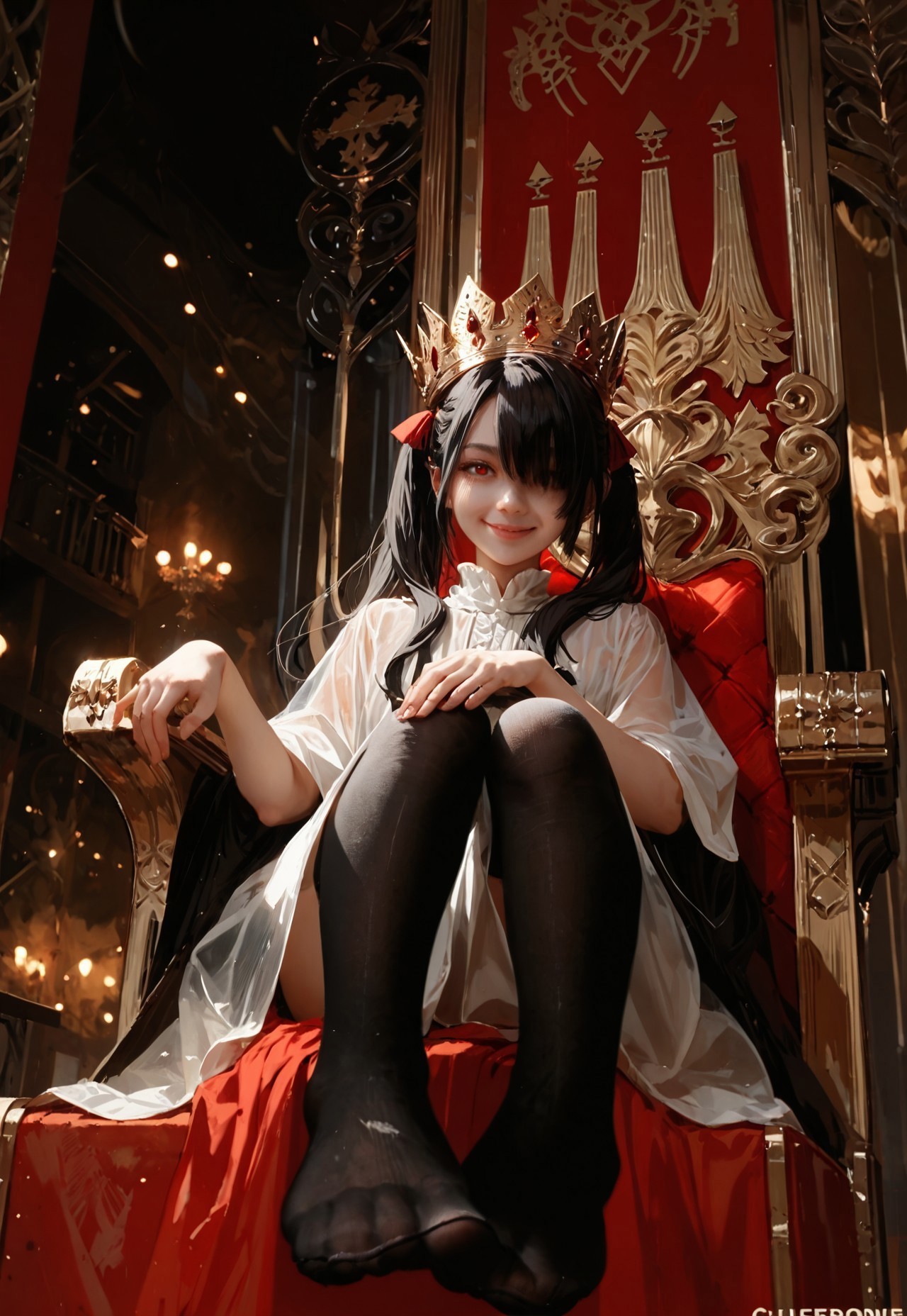 Score_7_up,score_8_up, score_9_up, score_anime, 1 girl, detail1eye, solo, black hair, red eye, long hair, twintails, hair over one eye, detail1eye, sitting on Theone, score_9, score_9_up,1girl,sitting on a throne,legs crossed,portrait,smug smile,throneroom,look at viewer,crown, close up,transparent robes,black stockings,from below, feet, anime, anime style