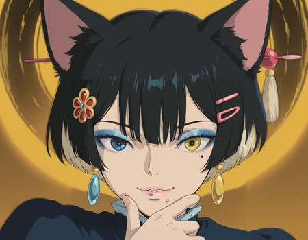 1girl animal_ears black_hair blue_eyes blue_eyeshadow cat_ears earrings eyeshadow face_piercing from_side hair_between_eyes hair_ornament hairclip hairpin hand_to_own_mouth hand_up heterochromia jewelry looking_at_viewer makeup multicolored_hair parted_lips piercing pink_lips sample_watermark smile solo split-color_hair upper_body watermark yellow_eyes
, <lora:GhibliV3:1>, best quality, absurdres, flat colors