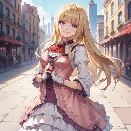 score_9, score_8_up, score_7_up, best quality, masterpiece, source_anime, zPDXL2, BREAK
1girl, solo,  <lora:liliv1:1>lili,  blonde hair, blue eyes, lilit7, pasntyhose, purple, fingerless gloves, dress, city, , smile, happy
Standing with hands clasped behind the back