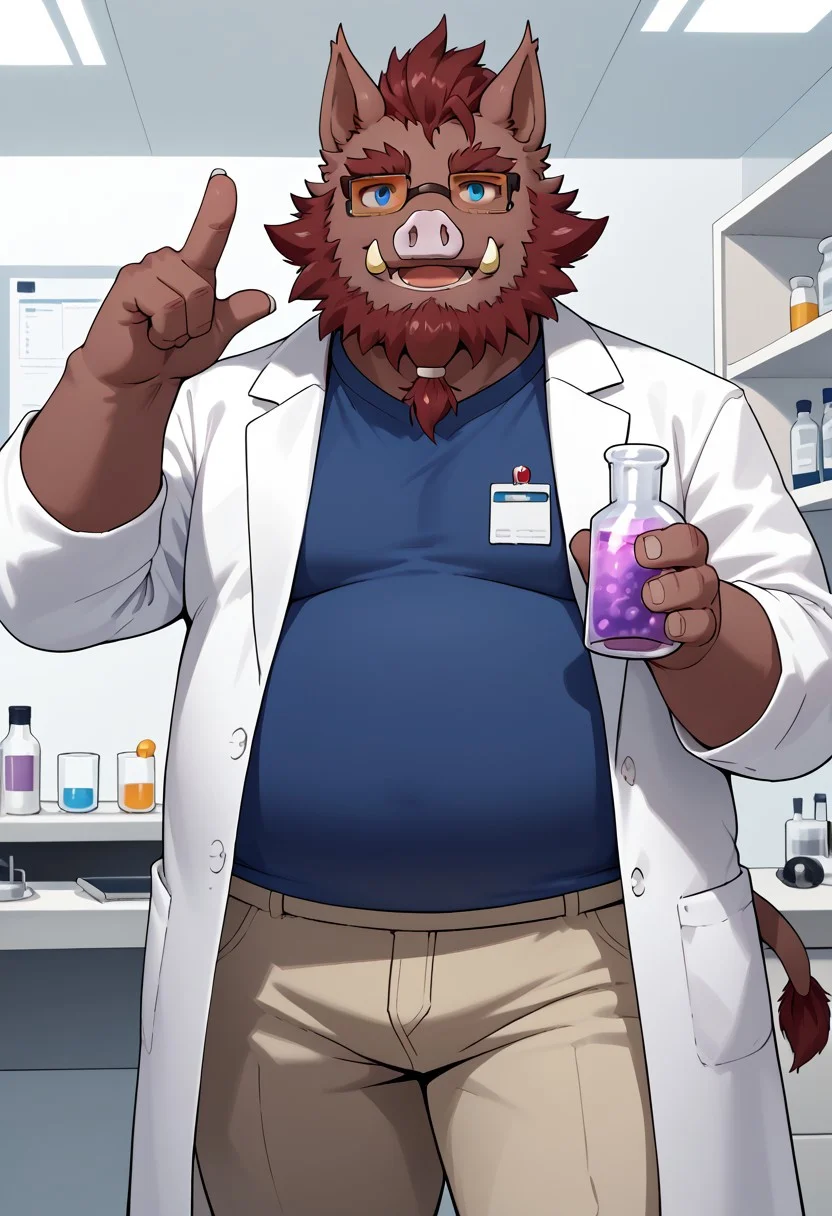 score_9, score_8_up, score_7_up, 0swinvn, boar, (dark red body), blue eyes, chubby, long boar tail, furry body, solo, 1boy, extremely expressive, white lab coat, blue shirt, badge pants, orange glasses, peace gesture, ((expressive smile)), sexy expression, bedroom eyes, lab, science lab, holding vial, , hi res, detailed eyes, eyes focus, big iris, 4k perfect eyes, perfect face, 5fingers, best artwork, highly detailed