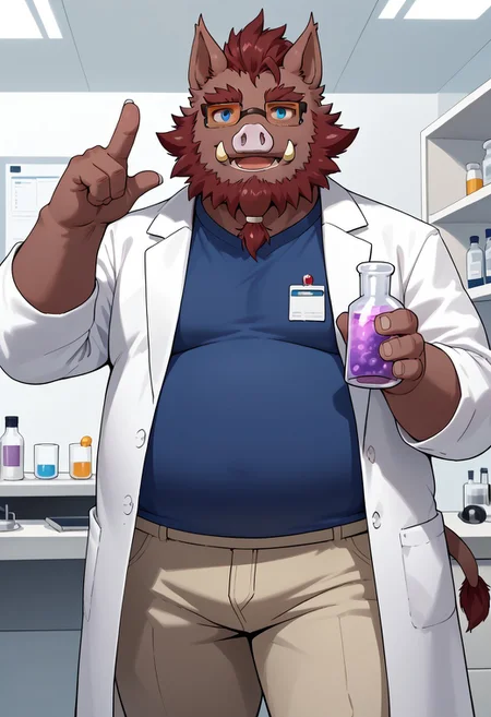 score_9, score_8_up, score_7_up, 0swinvn, boar, (dark red body), blue eyes, chubby, long boar tail, furry body, solo, 1boy, extremely expressive, white lab coat, blue shirt, badge pants, orange glasses, peace gesture, ((expressive smile)), sexy expression, bedroom eyes, lab, science lab, holding vial, , hi res, detailed eyes, eyes focus, big iris, 4k perfect eyes, perfect face, 5fingers, best artwork, highly detailed