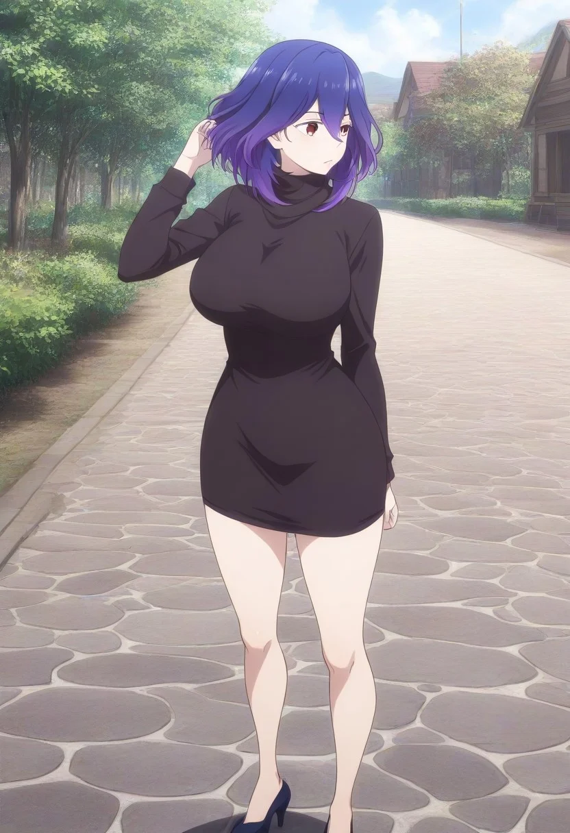 Vermeil, purple hair, medium hair, red eyes, large breasts, turtleneck dress, outdoor, high heels, 4k hdr, high quality, hd