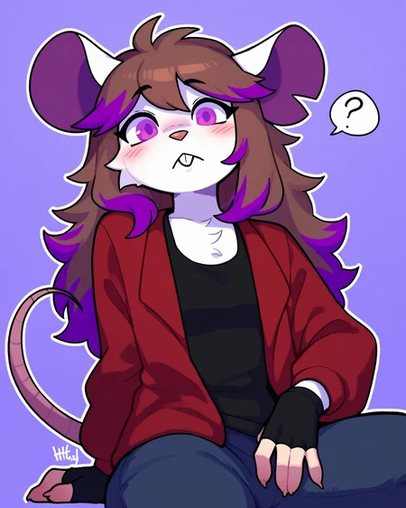 score_9_up, score_8_up, score_7_up, score_6_up, female, brown hair, multicolored hair, purple highlights, purple eyes, buckteeth, mouse, white fur, small breasts, furry, red jacket, black tank top, black jeans, fingerless gloves, looking at viewer, blush, confusion, low-angle view, sitting, question mark, head tilt, solo, three-quarter view, simple background, white outline, <lora:Leah_Pines(AIM)_XL_v1:0.15> <lora:PDXL_artist_tags_v2_big:0.5> <lora:The-Minuscule-Task_PDXL_v1.0:0.6> <lora:Millie_justm1llie:0.65>