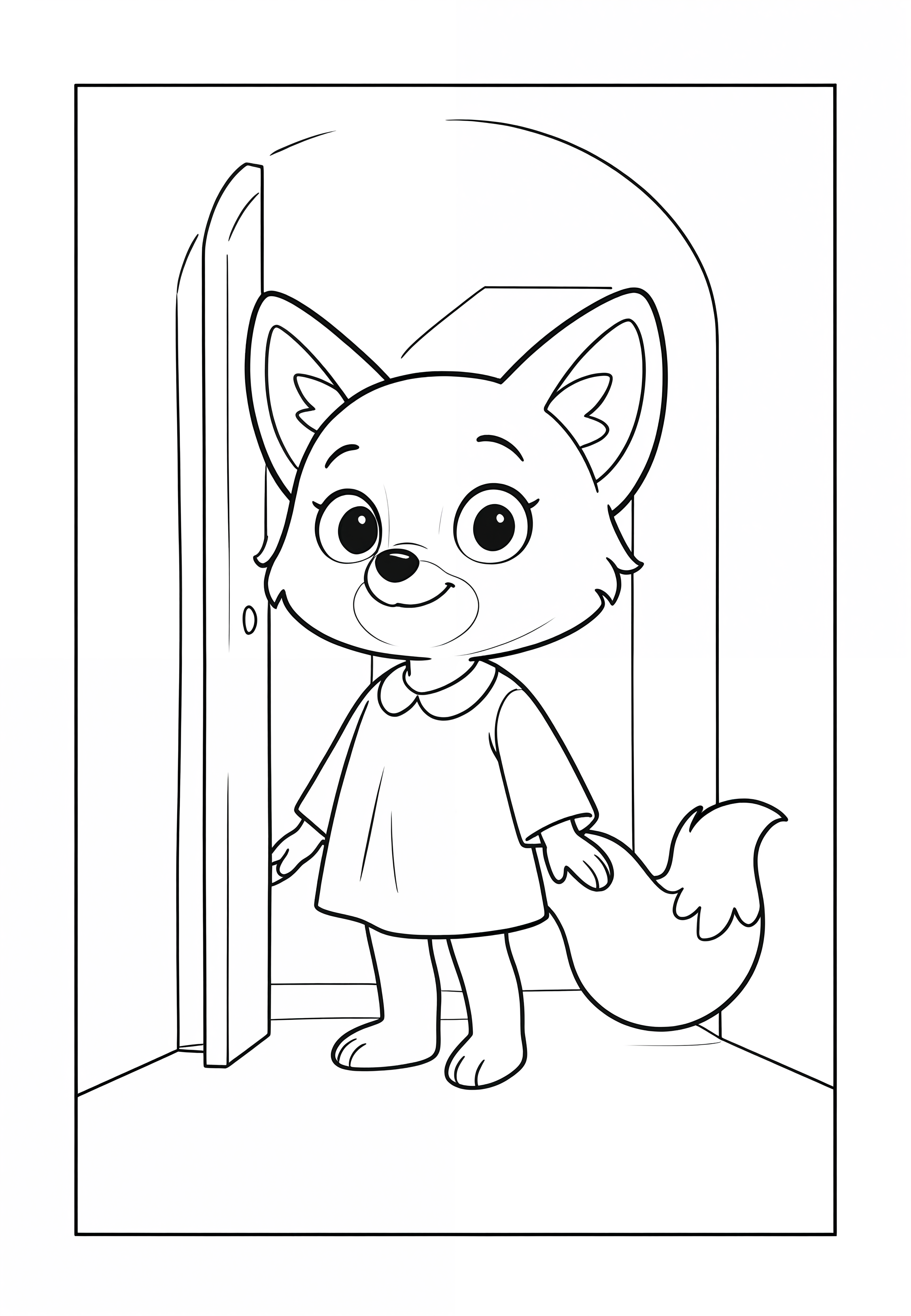 fox c0l09ing in coloring book style, black and white line art, thick clean outlines, no shading, simple cartoon design for kids