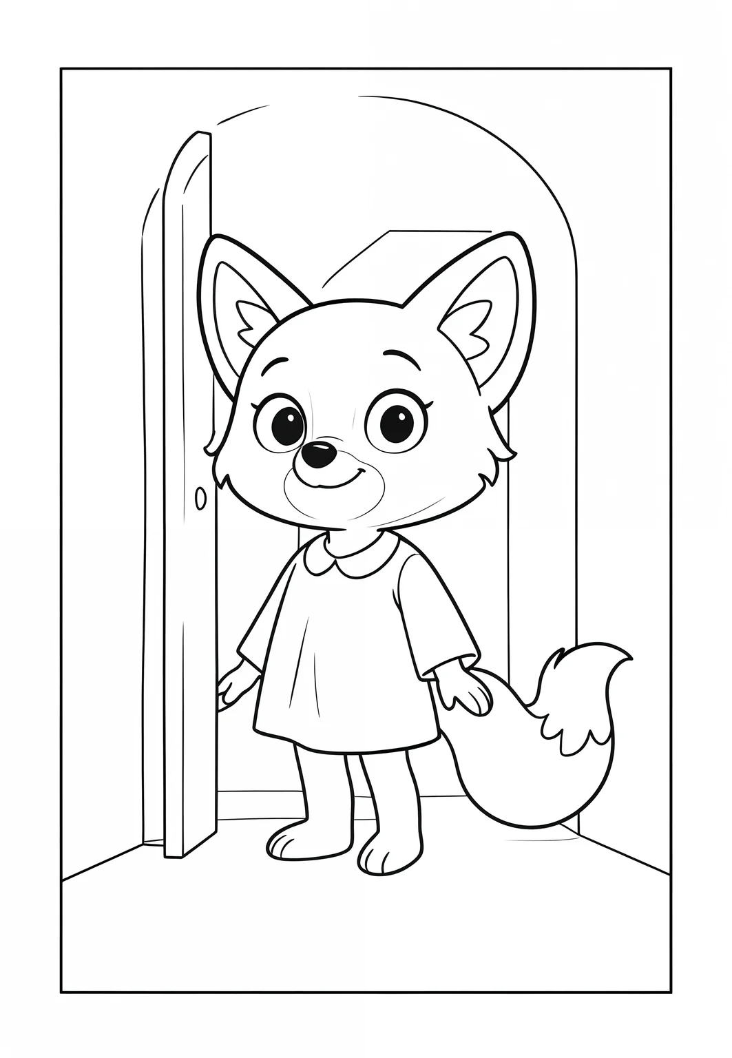fox c0l09ing in coloring book style, black and white line art, thick clean outlines, no shading, simple cartoon design for kids