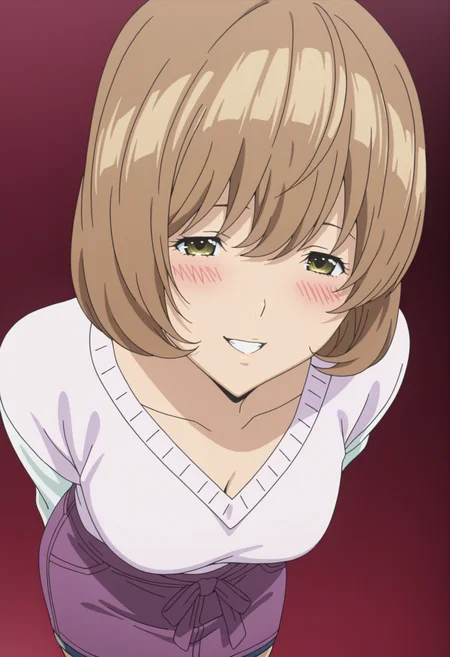 masterpiece, best quality, amazing quality, anime screencap,  1girl,   <lora:DX888YurikoIL:1> aoki yuriko, bob cut, light brown hair, yellow eyes, grin, blush, half-closed eyes,  BREAK  sweater vest, white sweater, v-neck, tied sweater, miniskirt, high-waist skirt, denim skirt, purple skirt, red  background gradient background, BREAK  from above, oral invitation,