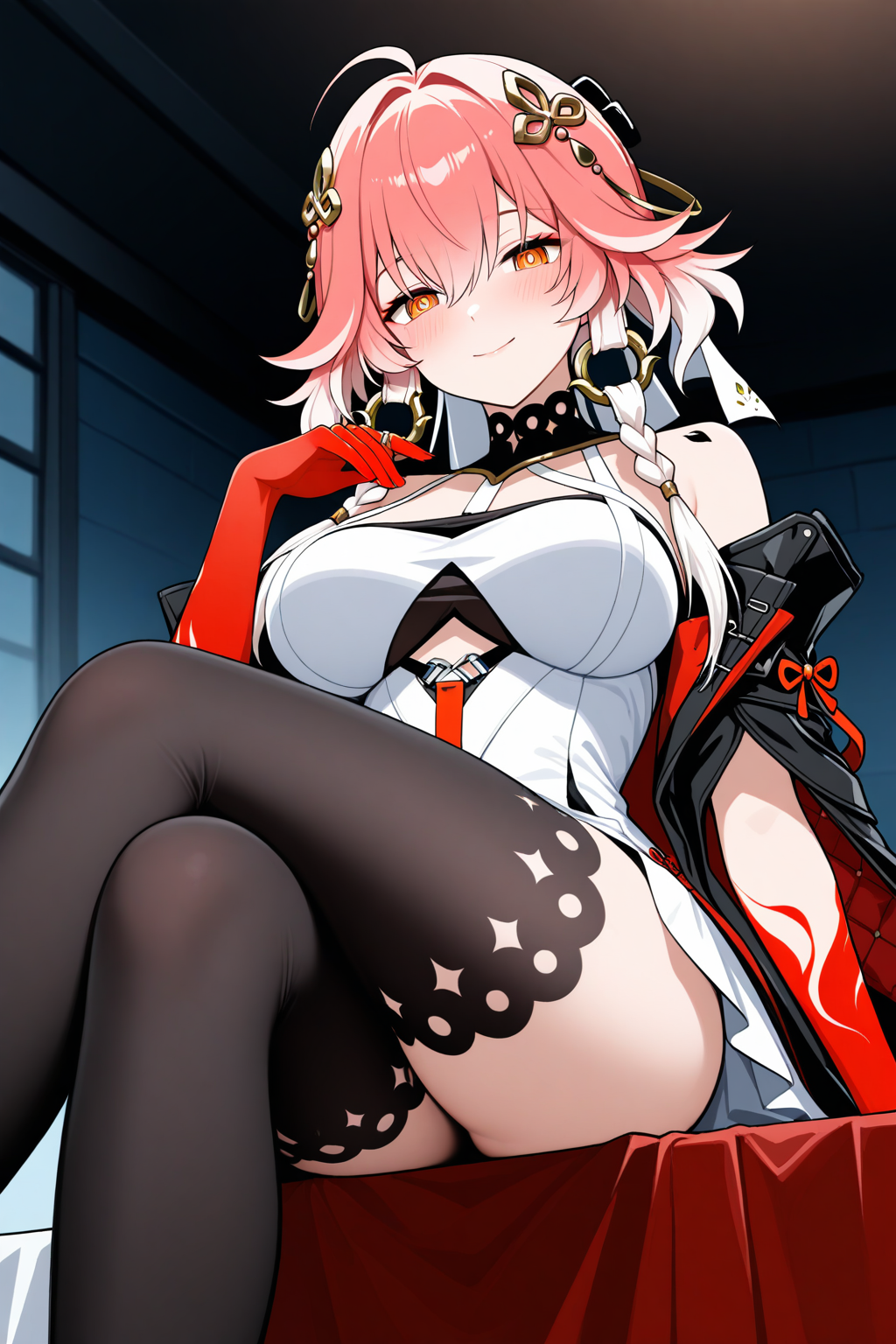 changli \(wuthering waves\), 1girl, bare shoulders, black collar, black jacket, black sleeves, black thighhighs, blush, body markings, braid, breasts, closed mouth, collar, colored extremities, crossed legs, dress, from below, hair extensions, hair ornament, hand up, jacket, large breasts, looking at viewer, medium hair, orange eyes, pink hair, red hands, ring hair extensions, short sleeves, sitting, smile, solo, thigh strap, thighhighs, twin braids, white dress, masterpiece, best quality, amazing quality, very aesthetic, absurdres