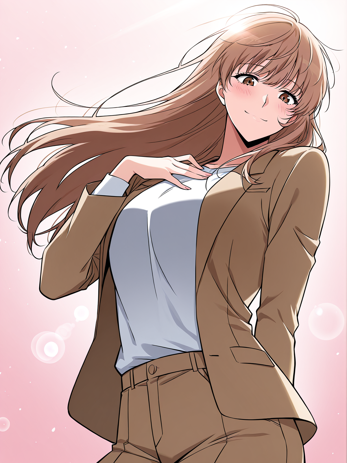 <lora:Omniscient_Readers_Viewpoint__Yoo_Sangah:1>
1 girl, solo, long hair, light brown hair, straight hair, brown eyes,
brown blazer, white t-shirt, brown pants,
score_9, score_8_up, score_7_up, very aesthetic, source_anime, detailed, high quality, beautiful, detailed eyes, masterpiece, best quality, absurdres, perfect anatomy, dynamic low-angle shot, looking down while smiling brightly, wind blowing through hair, one hand near chest, flushed cheeks, dramatic lighting from behind, glowing rimlight, cinematic lens flare, soft pinkish background, ethereal atmosphere, anime style