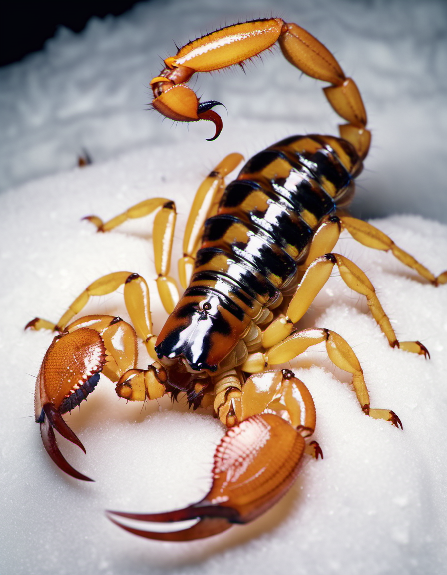 (Realistic:1.5) EdobScorpion, retro artstyle, from above, long hair, monster, full body, fangs, tentacles, beetle, pokemon (creature), snow, food, <lora:EdobScorpionPhotoReal_XL_v1.0:0.8>