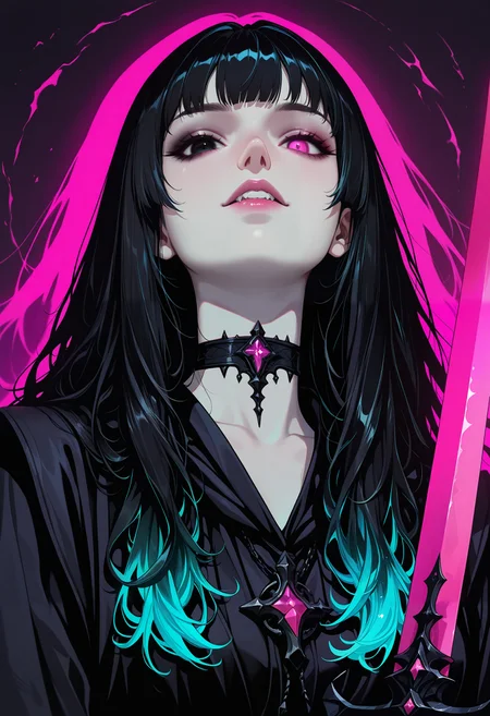 masterpiece, best quality, good quality, very aesthetic, absurdres, newest, 8K, depth of field, focused subject,  low angle, from below, portrait,
close up, ghostly 1girl, solo, robe, glowing hair, pale vampire skin, teeth, long hair, black hair tips, looking at the viewer, heterochromia eyes, neon color palette, holding neon dark rune sword, upper body, eerie, dynamic lighting, shadows, silhouette, dynamic angle,