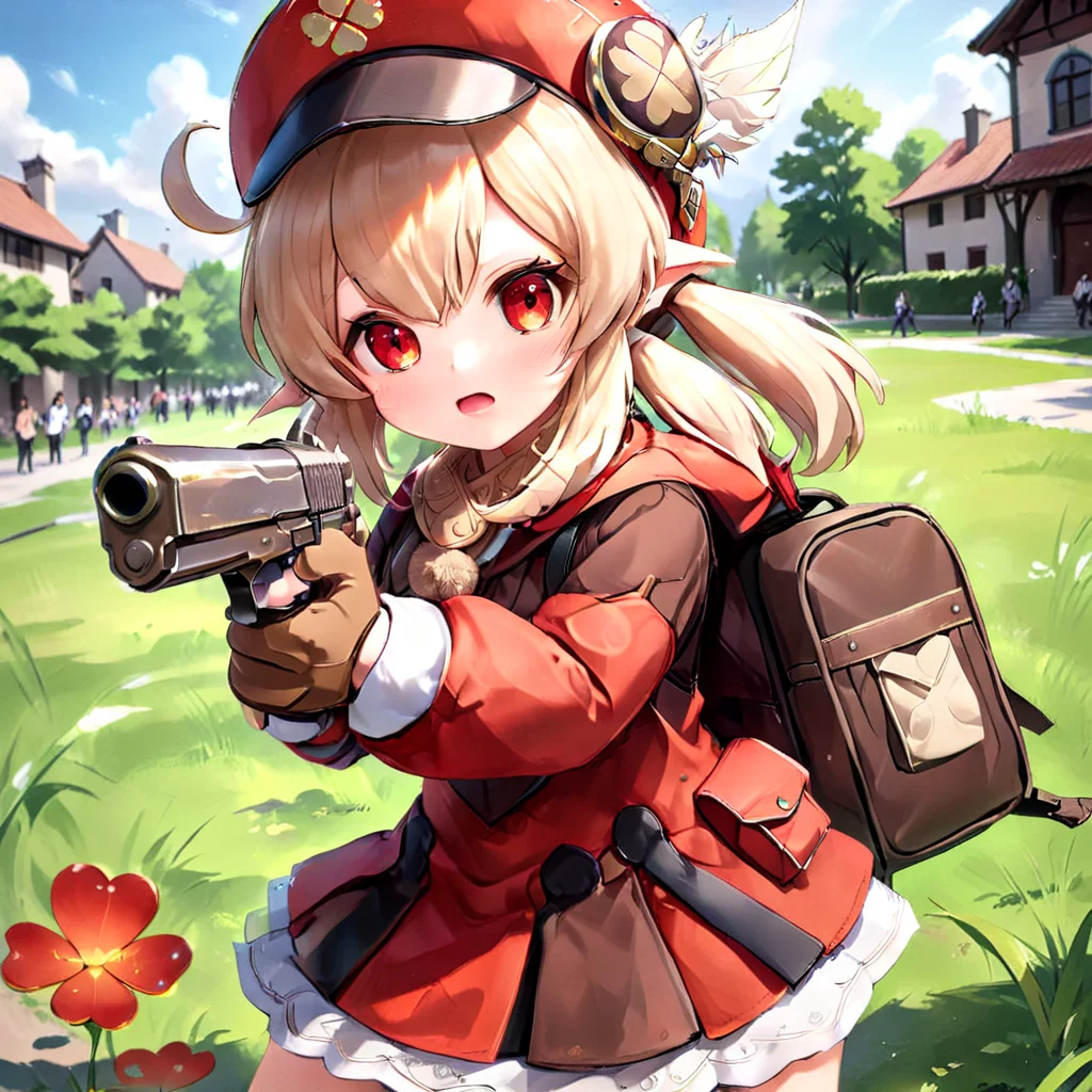Action shot of a (\ke li\) with pointing pistol at the viewer, HD, masterpiece, best quality, hyper detailed, ultra detailed, <lora:XL_Weapon_pistol:0.75>, <lora:Kleex_xl:0.85> ,Four leaf grass printing,1girl, solo, looking at viewer,gloves, bangs, long sleeves, low twintails,scarf, sidelocks, brown gloves, hat feather, backpack, open mouth, red headwear, (campus uniform:1.4),sitting,(pleated skirt:1.3)