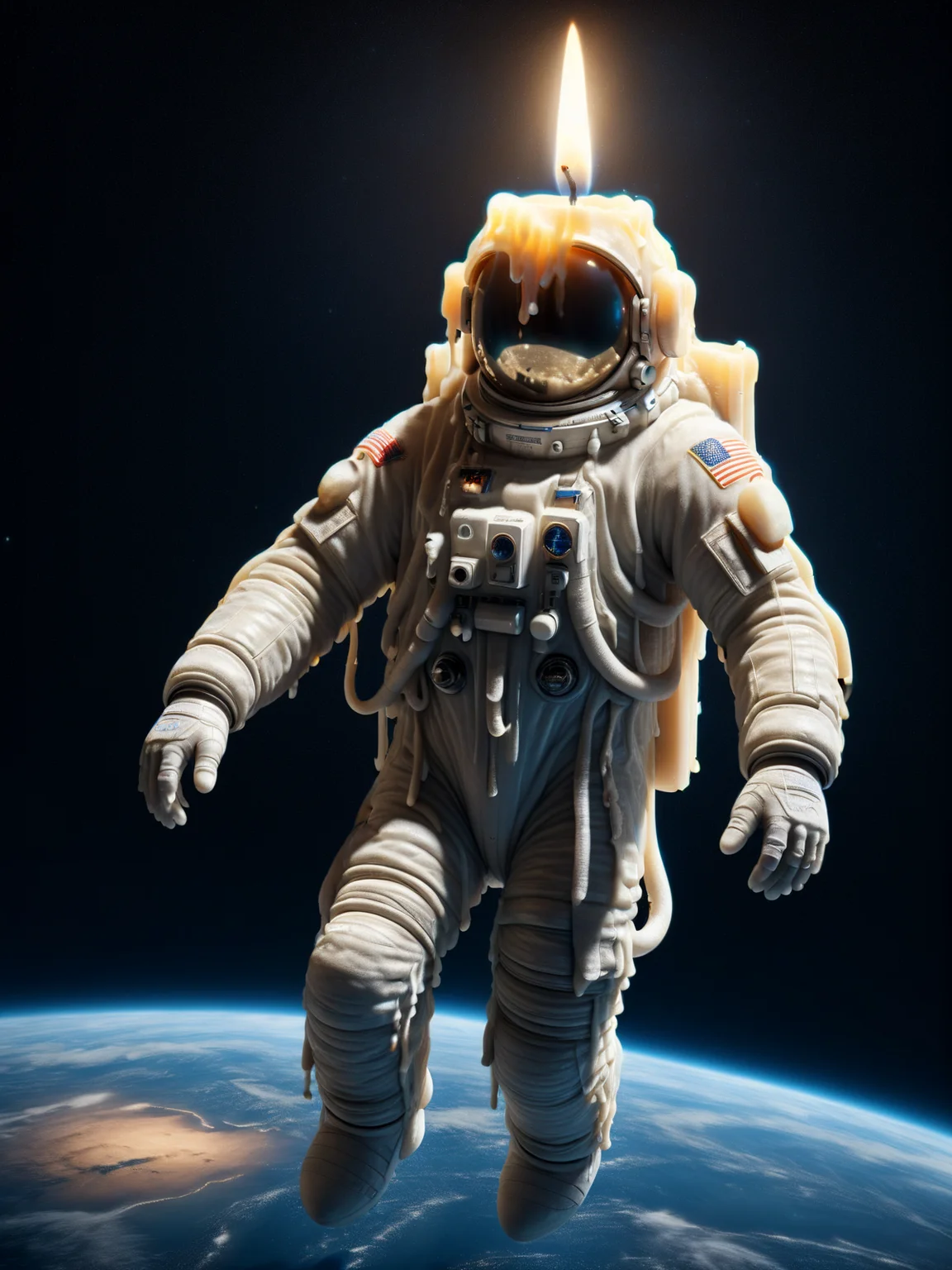 ( mad-candle:1.4) astronaut floating in orbit of earth <lora:Candles_SDXL:1.2>, (masterpiece:1.2), best quality, (hyperdetailed, highest detailed:1.2), high resolution textures