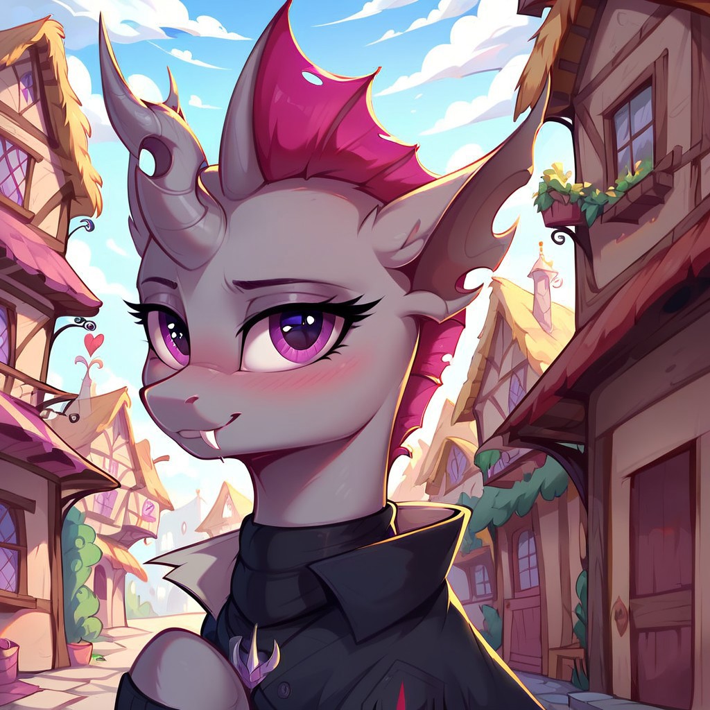 masterpiece, score_9, score_8_up, score_7_up, (best quality:1.1), ultra-detailed, high resolution, solo, Нептун Хербст, changeling, mlp, feral, ragged ears, (((beautiful detailed purple eyes))), single horn, gray skin, purple membrane mane, black coat, black neck warmer, detailed clothing, fang, highly detailed macro illustration, smiling, blushing, mlp, outside, Highly Visible, (((8k))), sharp focus, perfect lighting, anatomically correct, extremely detailed, shine on body, (Pony town), high detail, cute face, Expressiveh, detailed background, OverallDetail, zPDXL2,