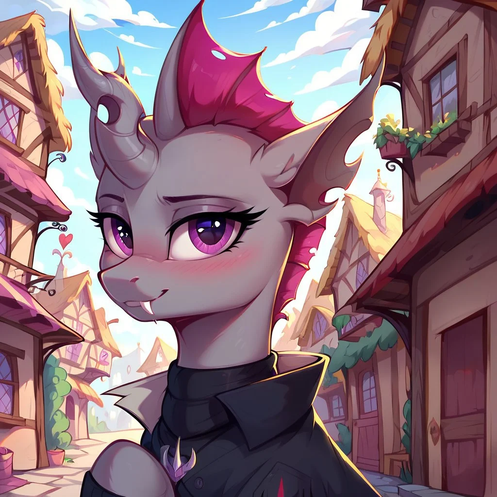masterpiece, score_9, score_8_up, score_7_up, (best quality:1.1), ultra-detailed, high resolution, solo, Нептун Хербст, changeling, mlp, feral, ragged ears, (((beautiful detailed purple eyes))), single horn, gray skin, purple membrane mane, black coat, black neck warmer, detailed clothing, fang, highly detailed macro illustration, smiling, blushing, mlp, outside, Highly Visible, (((8k))), sharp focus, perfect lighting, anatomically correct, extremely detailed, shine on body, (Pony town), high detail, cute face, Expressiveh, detailed background, OverallDetail, zPDXL2,