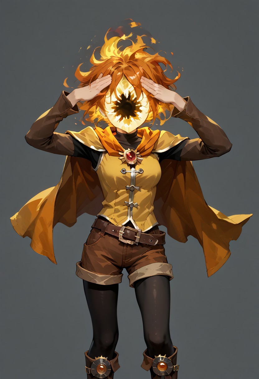 score_9, score_8_up, score_7_up,
lord_of_frenzy, fire head,
novakin, faceless, no eyes, no mouth, no nose, no facial features, short fiery yellow orange hair, body made of black plasma,
open hands, hands on face front,
AhEtoBlehMeme, hands on own head,
magical girl outfit, steampunk dress, boots, (brown shorts:1.1), black tights, medium breasts, belt,
simple background, grey background,