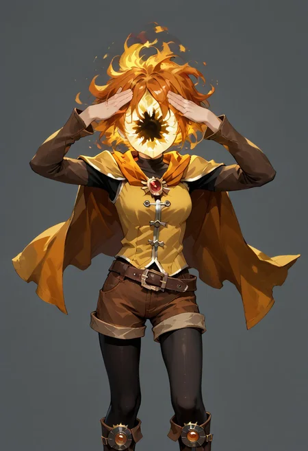 score_9, score_8_up, score_7_up,
lord_of_frenzy, fire head,
novakin, faceless, no eyes, no mouth, no nose, no facial features, short fiery yellow orange hair, body made of black plasma,
open hands, hands on face front,
AhEtoBlehMeme, hands on own head,
magical girl outfit, steampunk dress, boots, (brown shorts:1.1), black tights, medium breasts, belt,
simple background, grey background,
