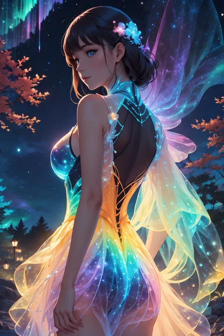 breathtaking 8k, masterpiece, solo sexy woman, (rainbow gradient bioluminescent dress), (starry night background), nebula, aurora, ((outdoors)), dark background, from below,<lora:bioluminescent_dress-1.0:1>,bioluminescent dress,