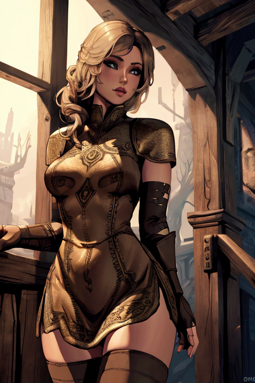 <lora:4mal3a:1> woman with the same face as 4mal3a,  <lora:skyrim-light-elven-unp:0.8> skyrim-light-elven-unp, arm wraps, fingerless gloves, thighhighs, updo hair