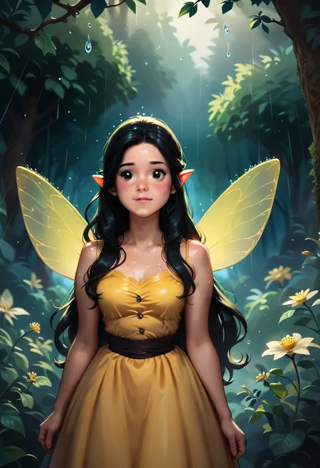 score_9, score_8_up, score_7_up, score_6_up, score_5_up, score_4_up masterpiece, high quality, a girl hiding from the rain in a magical forest, cute, black long hair, yellow dress,Fairy Wings , j_huiben, source_cartoon