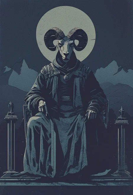 stern authoritative figure, sitting on a stone throne, ram heads adorn the throne, wearing armor beneath regal robes, holding a scepter, holding an orb, mountains in the background, symbolizing stability and strength
<lora:novuschroma28 style:.6> novuschroma28 style