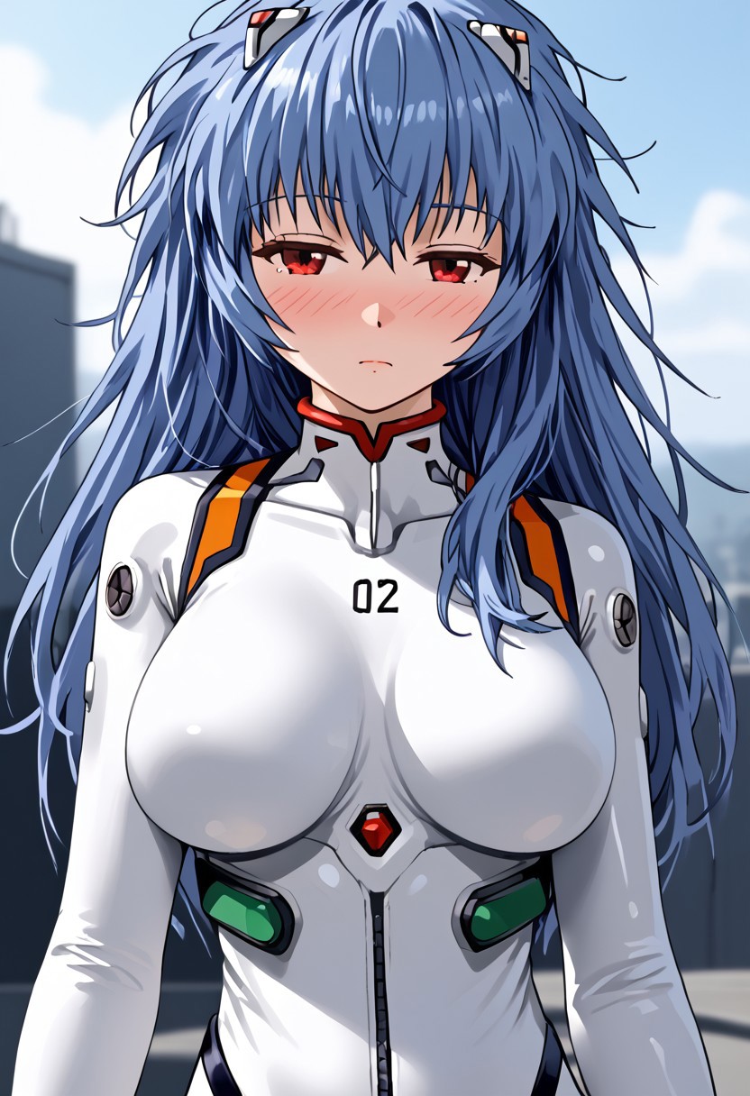 ((masterpiece,best quality,ultra detailed,highres,HD,4k:1.2)),
(large breast,large butt:1.2),1 cute girl,solo,girl focus,solo focus,face focus,
 ayanami_rei,rei ayanami, blue hair, ((long hair, Messy Hair:1.2)),red eyes, bodysuit, headgear, plugsuit, neon_genesis_evangelion, white bodysuit, outdoor,jitome, half closed eyes, narrowed eyes, expressionless,blush,