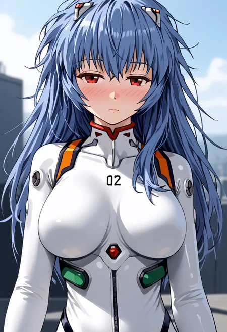 ((masterpiece,best quality,ultra detailed,highres,HD,4k:1.2)),
(large breast,large butt:1.2),1 cute girl,solo,girl focus,solo focus,face focus,
ayanami_rei,rei ayanami, blue hair, ((long hair, Messy Hair:1.2)),red eyes, bodysuit, headgear, plugsuit, neon_genesis_evangelion, white bodysuit, outdoor,jitome, half closed eyes, narrowed eyes, expressionless,blush,